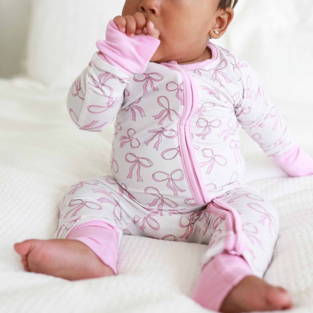 Caden Lane Pink blushing Bow Patterned bamboo convertible zip romper EUC